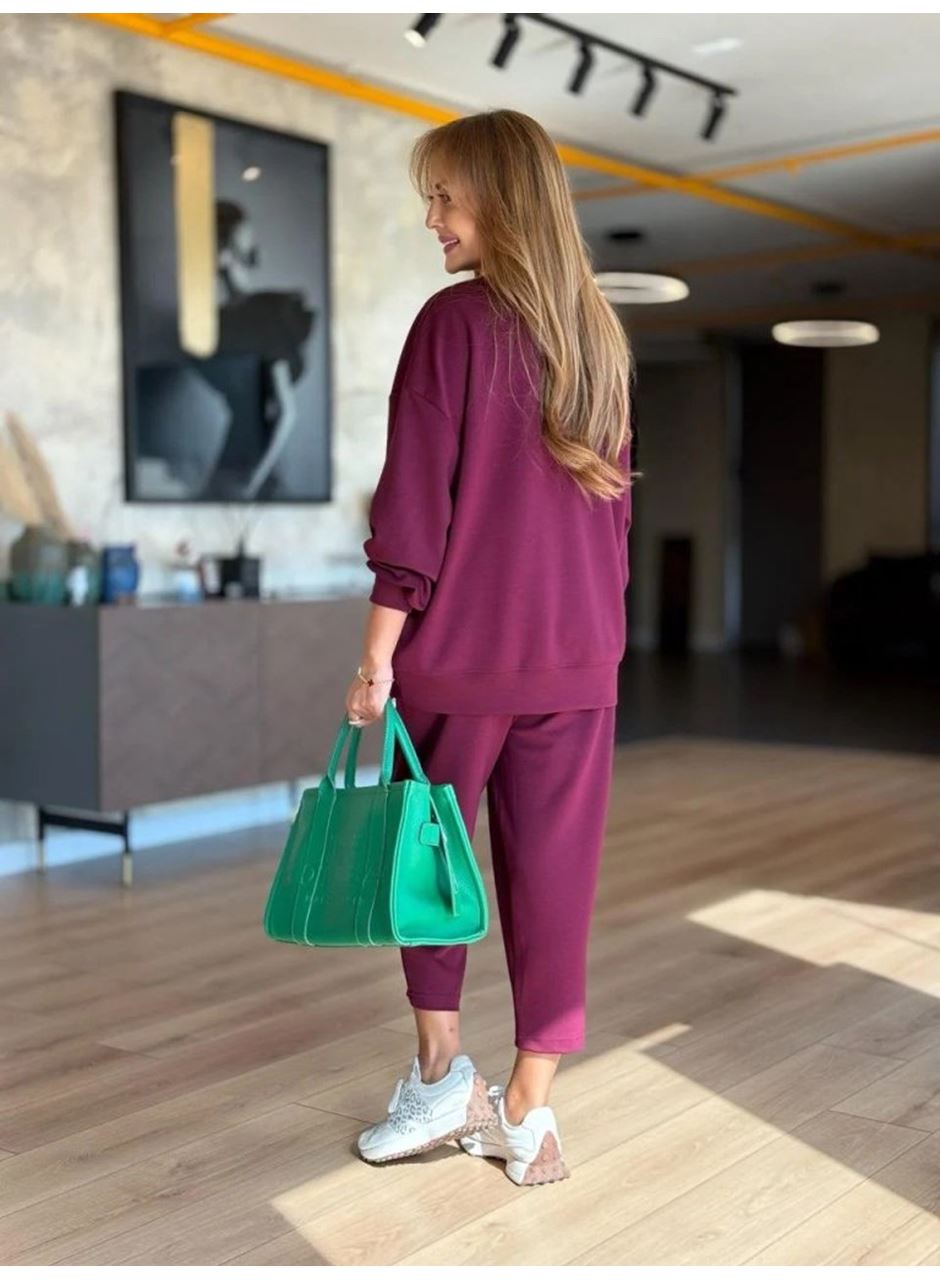 Kadın Uzun Kollu Bisiklet Yaka Viskon Iki Iplik Mor Bluz Ve Pantolon Ikili Takım