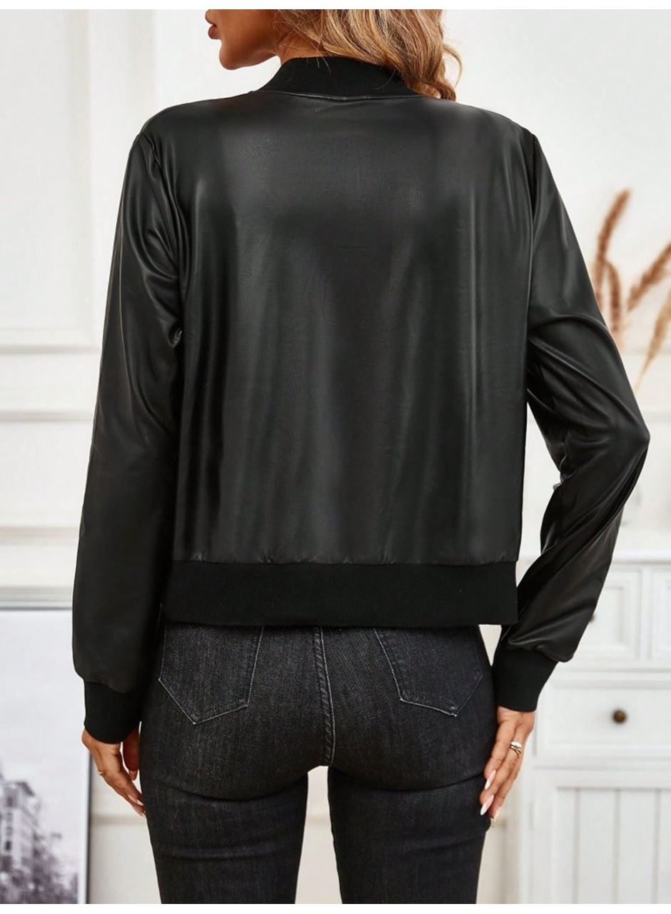 Kadın Uzun Kollu önden Fermuarlı Deri Kısa Ceket