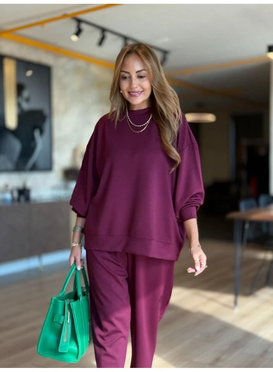 Kadın Uzun Kollu Bisiklet Yaka Viskon Iki Iplik Mor Bluz Ve Pantolon Ikili Takım