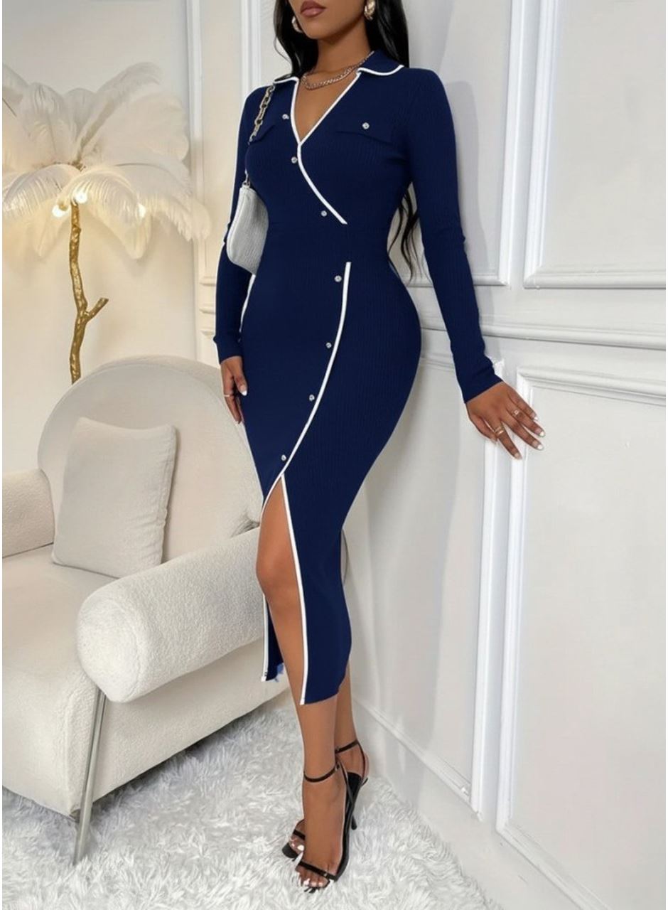 Kadın Uzun Kollu Yakalı Cepli Düğmeli Yırtmaç Detaylı Modal Uzun Elbise