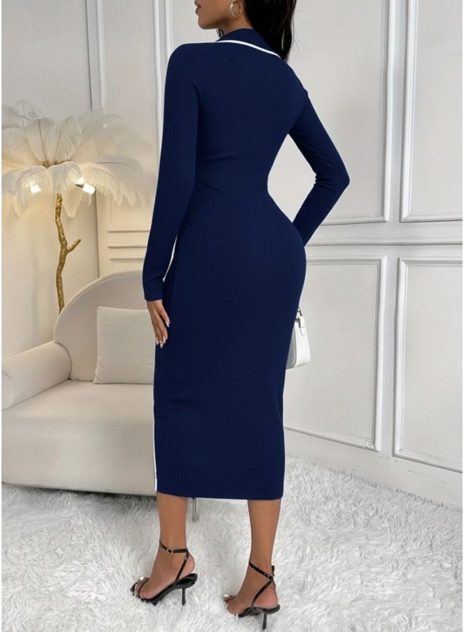 Kadın Uzun Kollu Yakalı Cepli Düğmeli Yırtmaç Detaylı Modal Uzun Elbise