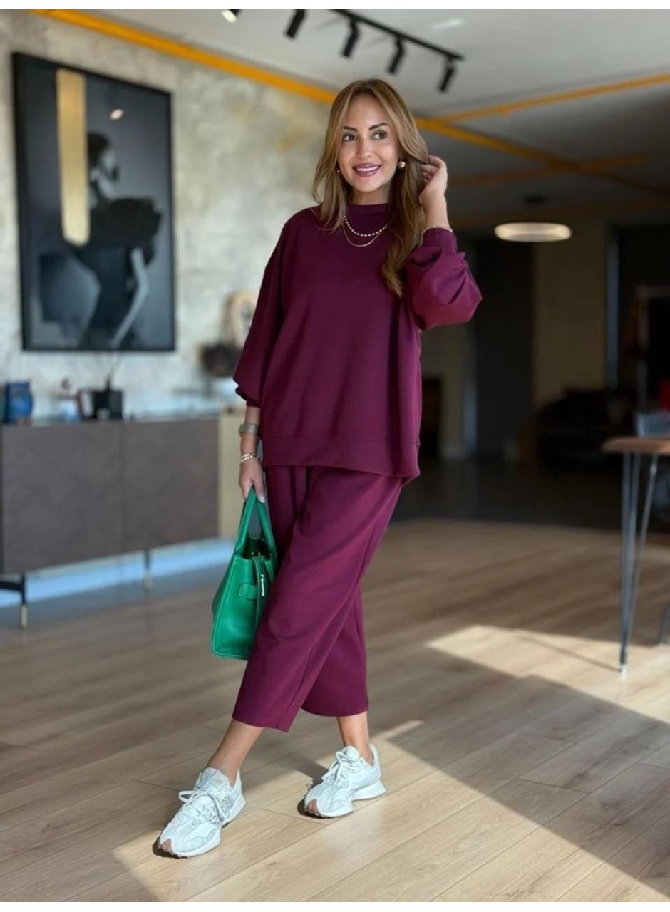 Kadın Uzun Kollu Bisiklet Yaka Viskon Iki Iplik Mor Bluz Ve Pantolon Ikili Takım