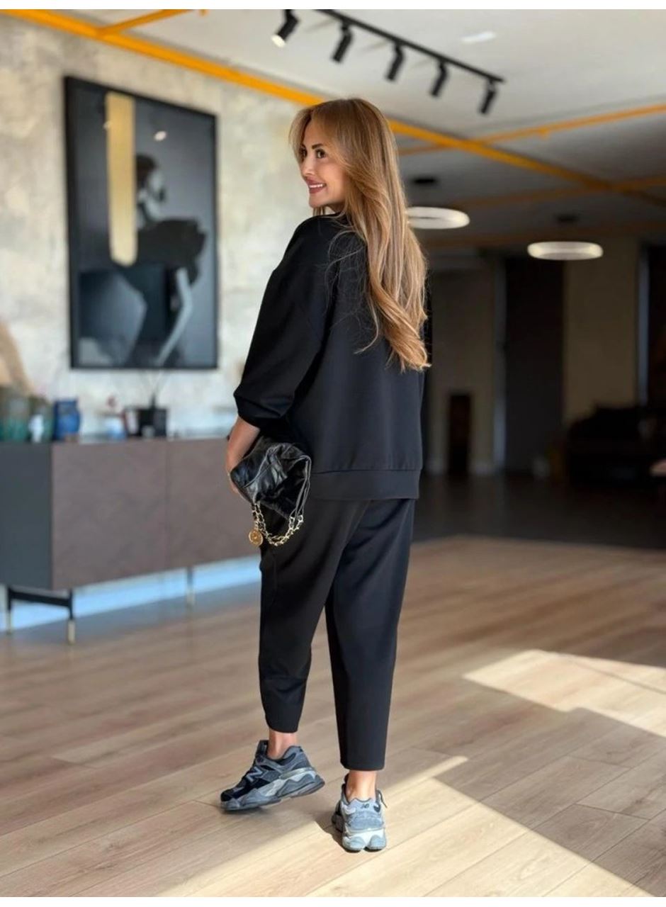 Kadın Uzun Kollu Bisiklet Yaka Viskon Iki Iplik Bluz Ve Pantolon Ikili Takım