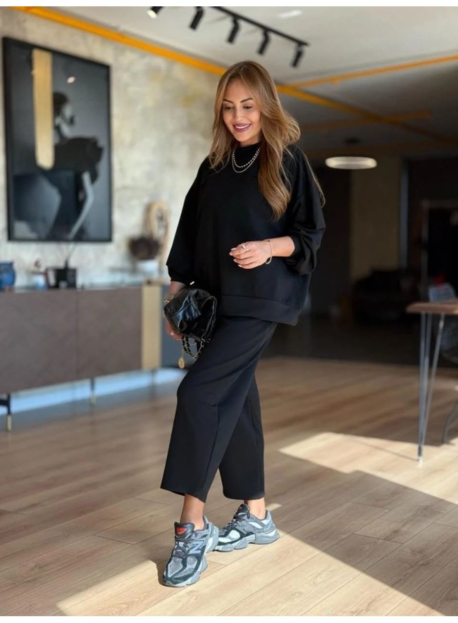 Kadın Uzun Kollu Bisiklet Yaka Viskon Iki Iplik Bluz Ve Pantolon Ikili Takım