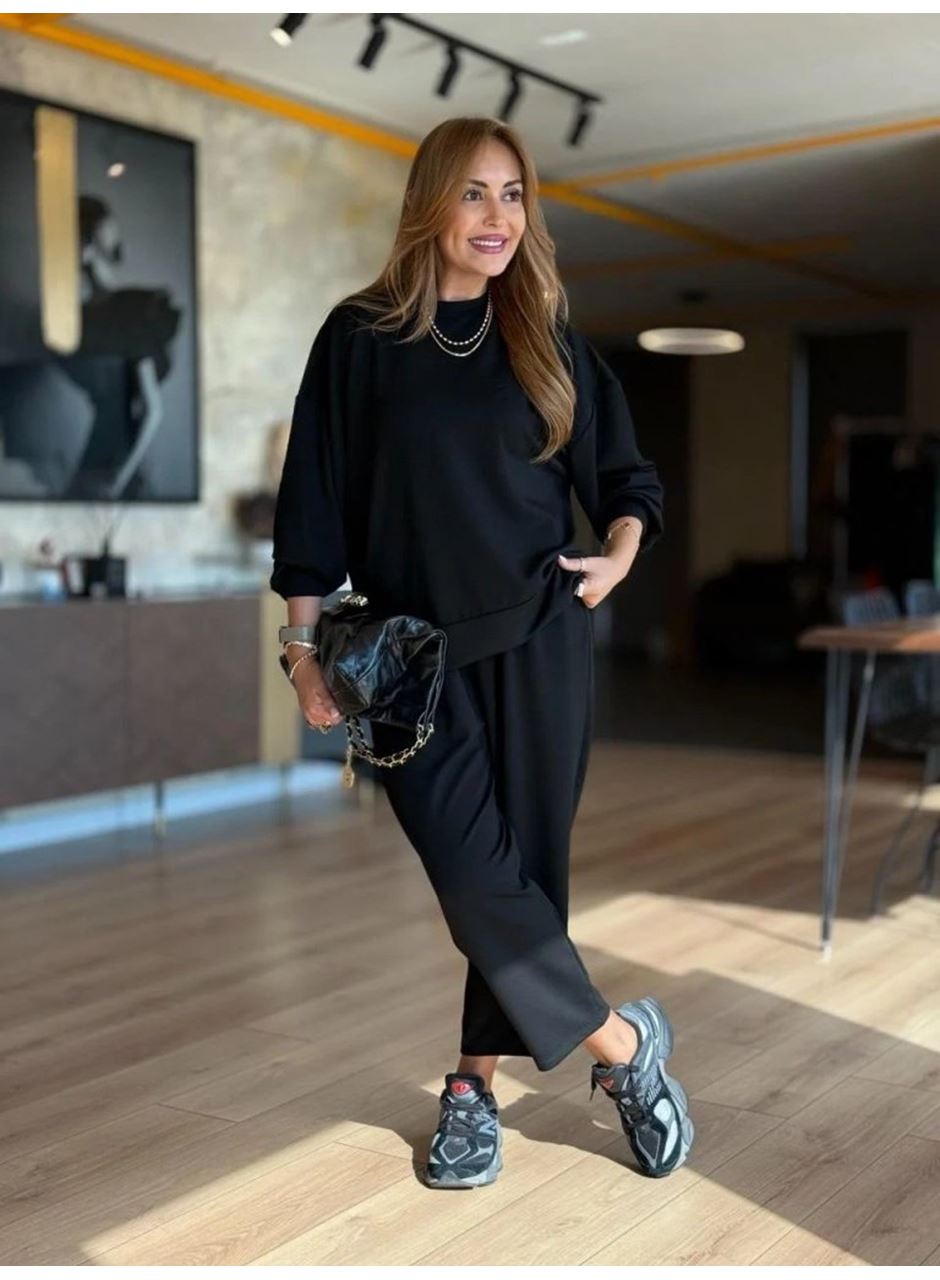 Kadın Uzun Kollu Bisiklet Yaka Viskon Iki Iplik Bluz Ve Pantolon Ikili Takım