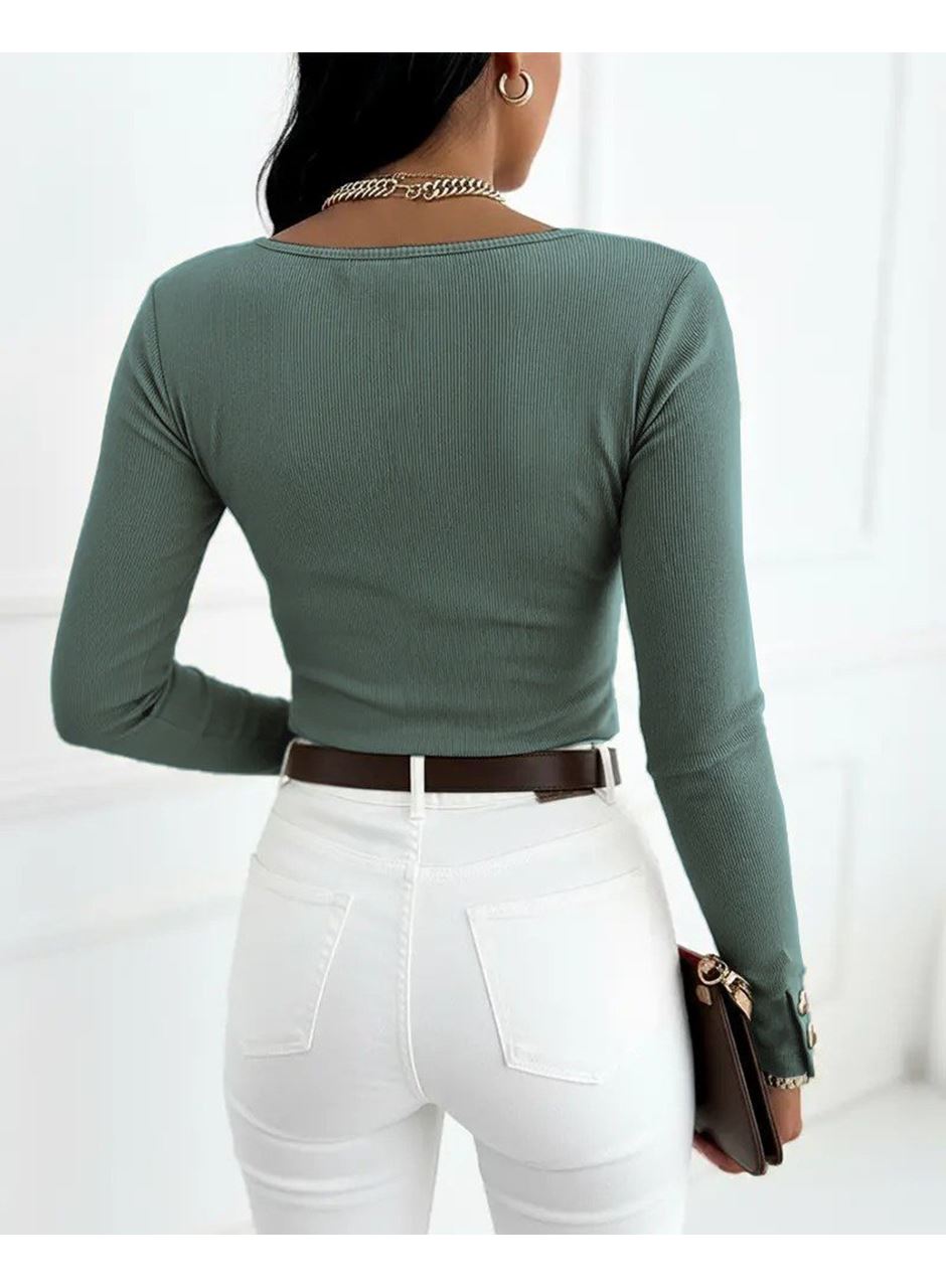 Kadın Uzun Kollu Yakadan Açık Ve Düğme Detaylı Kaşkorse çağla Yeşili Bluz