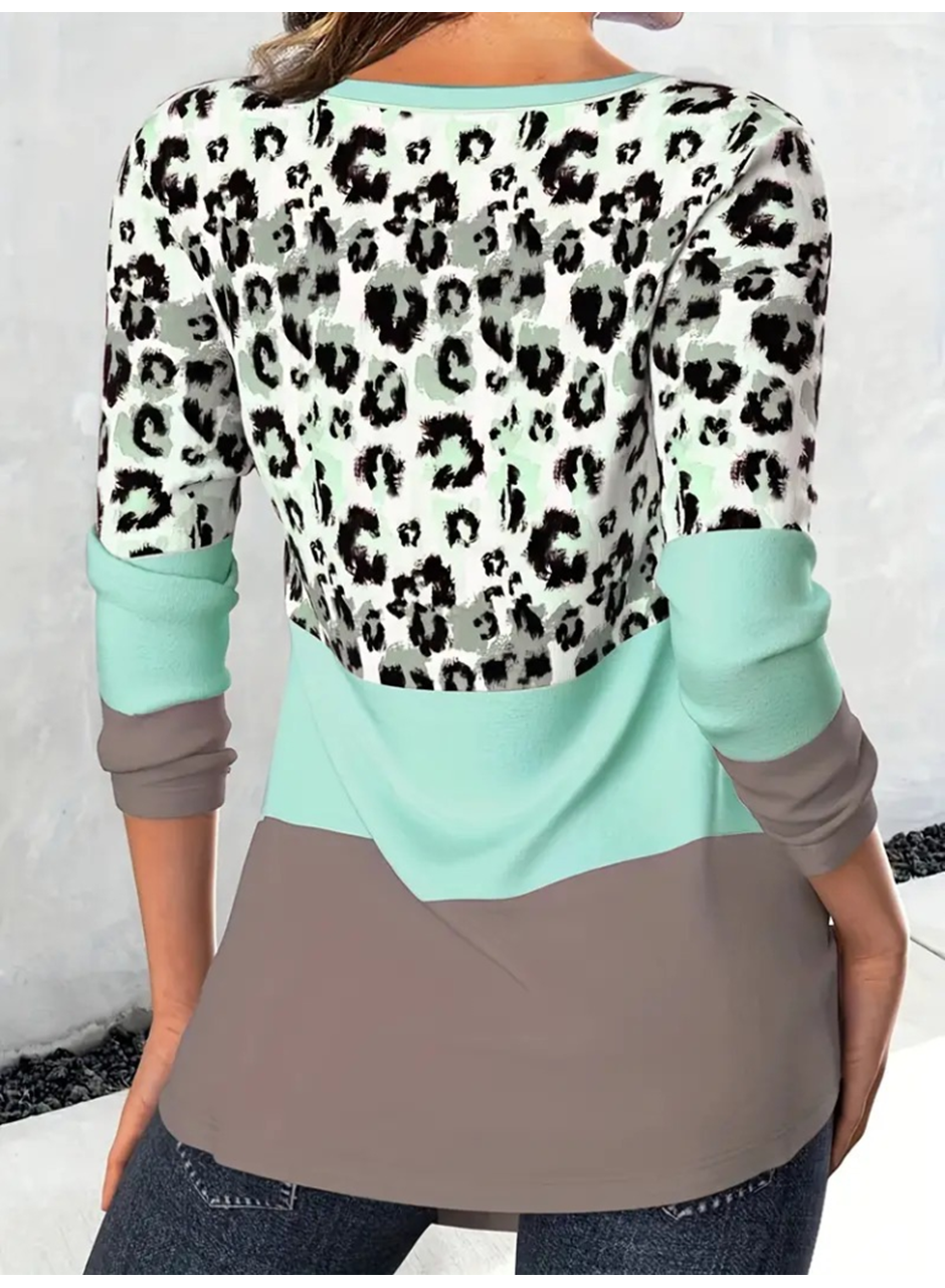 Kadın Uzun Kollu V Yakalı Leopar Baskılı şardonlu Dalgıç Bluz