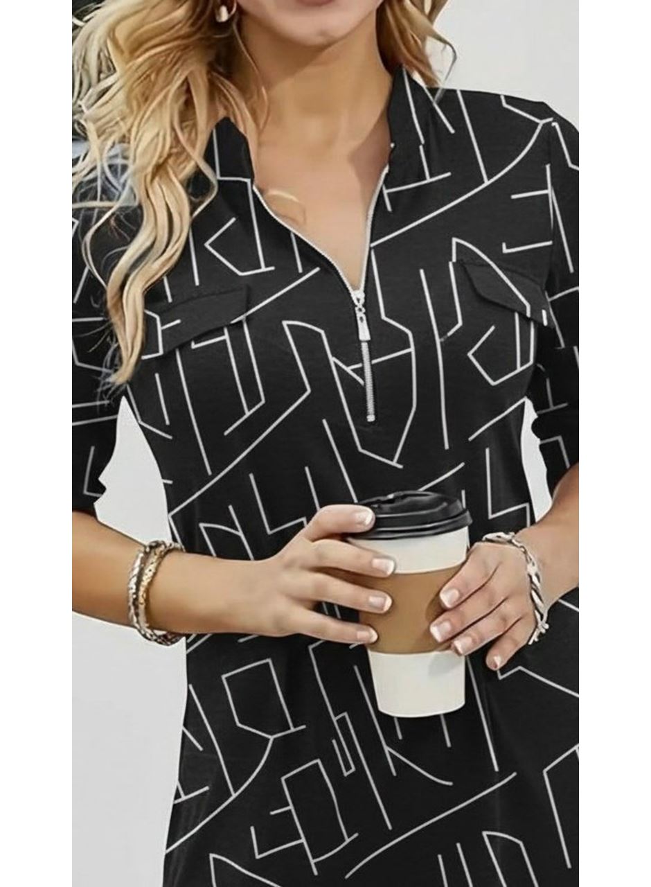 Kadın Uzun Kollu Hakim Yaka Yakadan Fermuarlı Geometrik Desenli Süprem Bluz