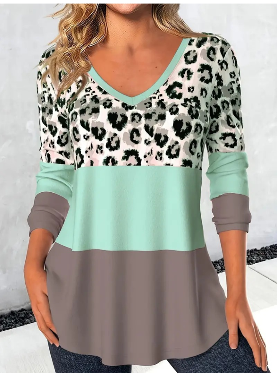 Kadın Uzun Kollu V Yakalı Leopar Baskılı şardonlu Dalgıç Bluz