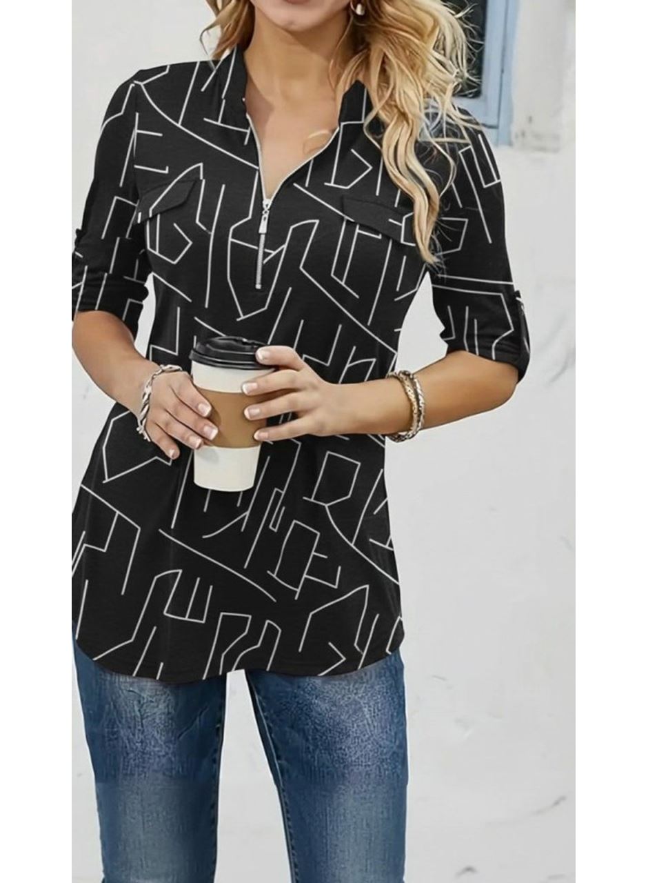 Kadın Uzun Kollu Hakim Yaka Yakadan Fermuarlı Geometrik Desenli Süprem Bluz