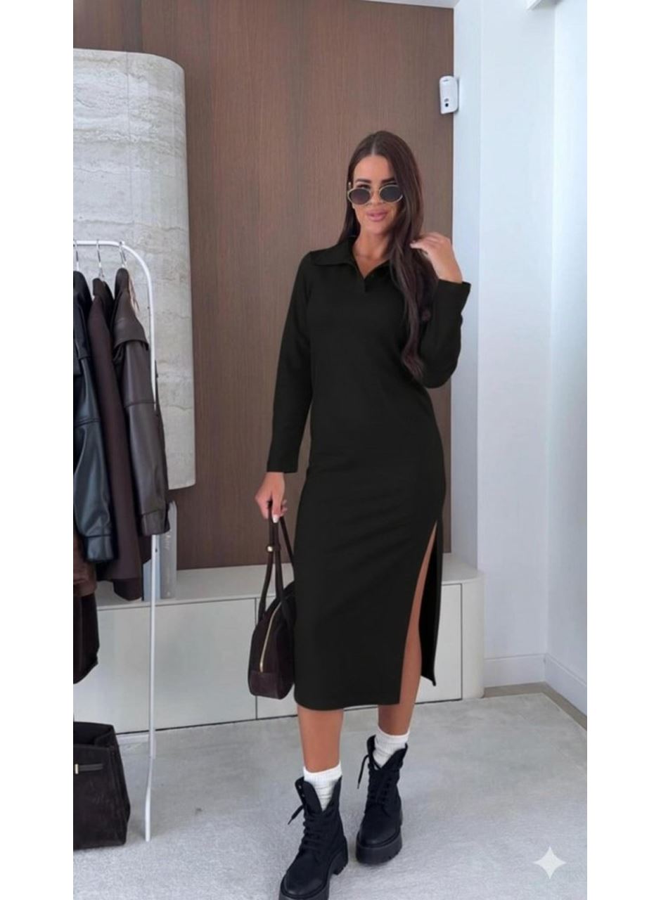 Kadın Uzun Kollu Yakalı Yandan Yırtmaçlı Midi Modal Elbise