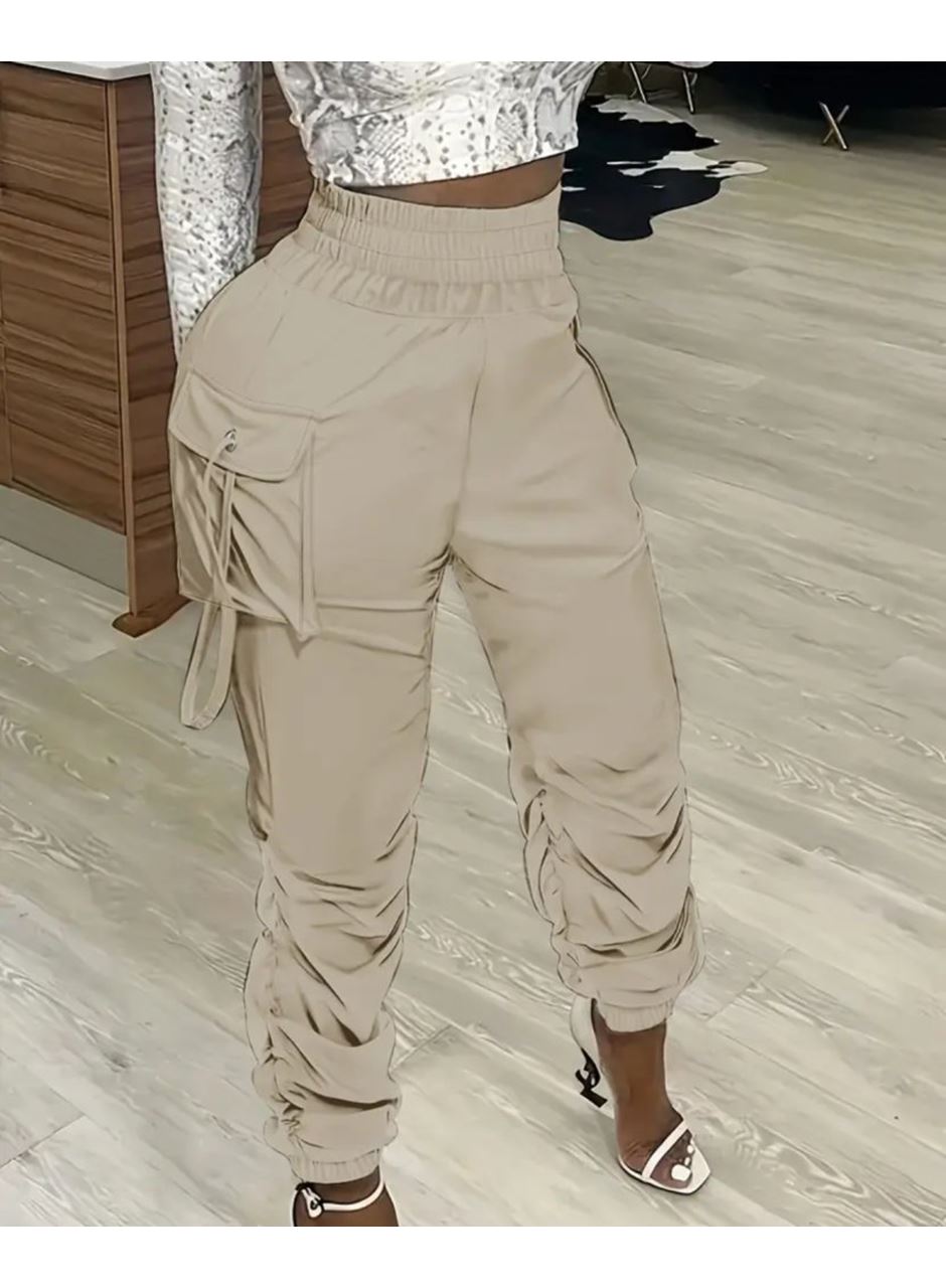 Kadın Yüksek Bel Beli Lastikli Kargo Cep Detaylı Gabardin Pantolon