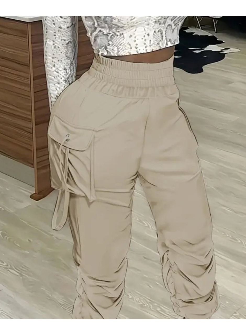 Kadın Yüksek Bel Beli Lastikli Kargo Cep Detaylı Gabardin Pantolon