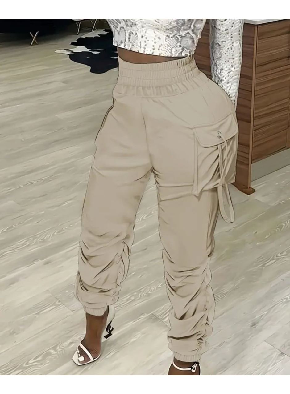 Kadın Yüksek Bel Beli Lastikli Kargo Cep Detaylı Gabardin Pantolon