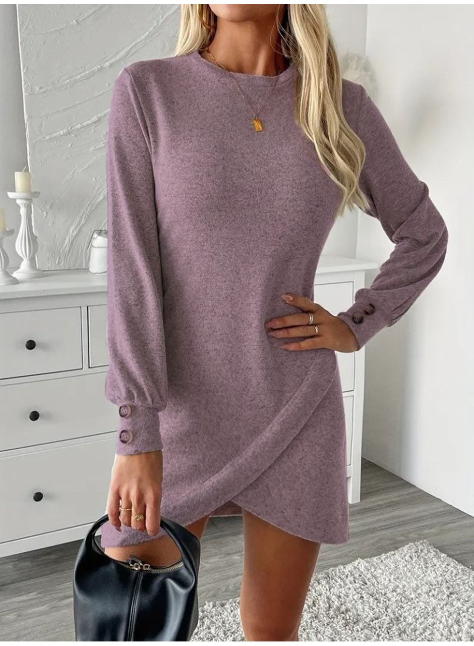 Kadın Uzun Kollu Bisiklet Yaka önden Asimetrik Kesim Detaylı Mini Yumoş Elbise