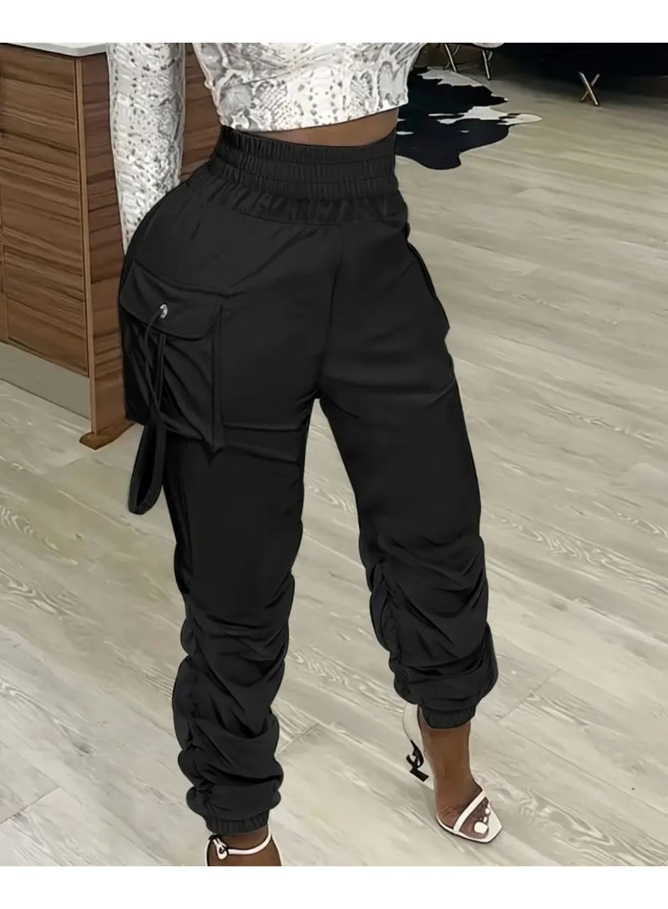 Kadın Yüksek Bel Beli Lastikli Kargo Cep Detaylı Gabardin Pantolon
