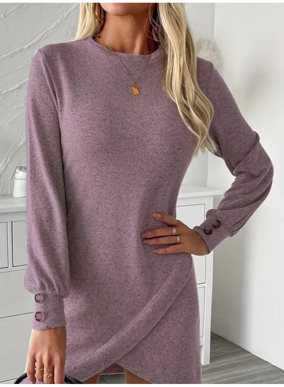 Kadın Uzun Kollu Bisiklet Yaka önden Asimetrik Kesim Detaylı Mini Yumoş Elbise