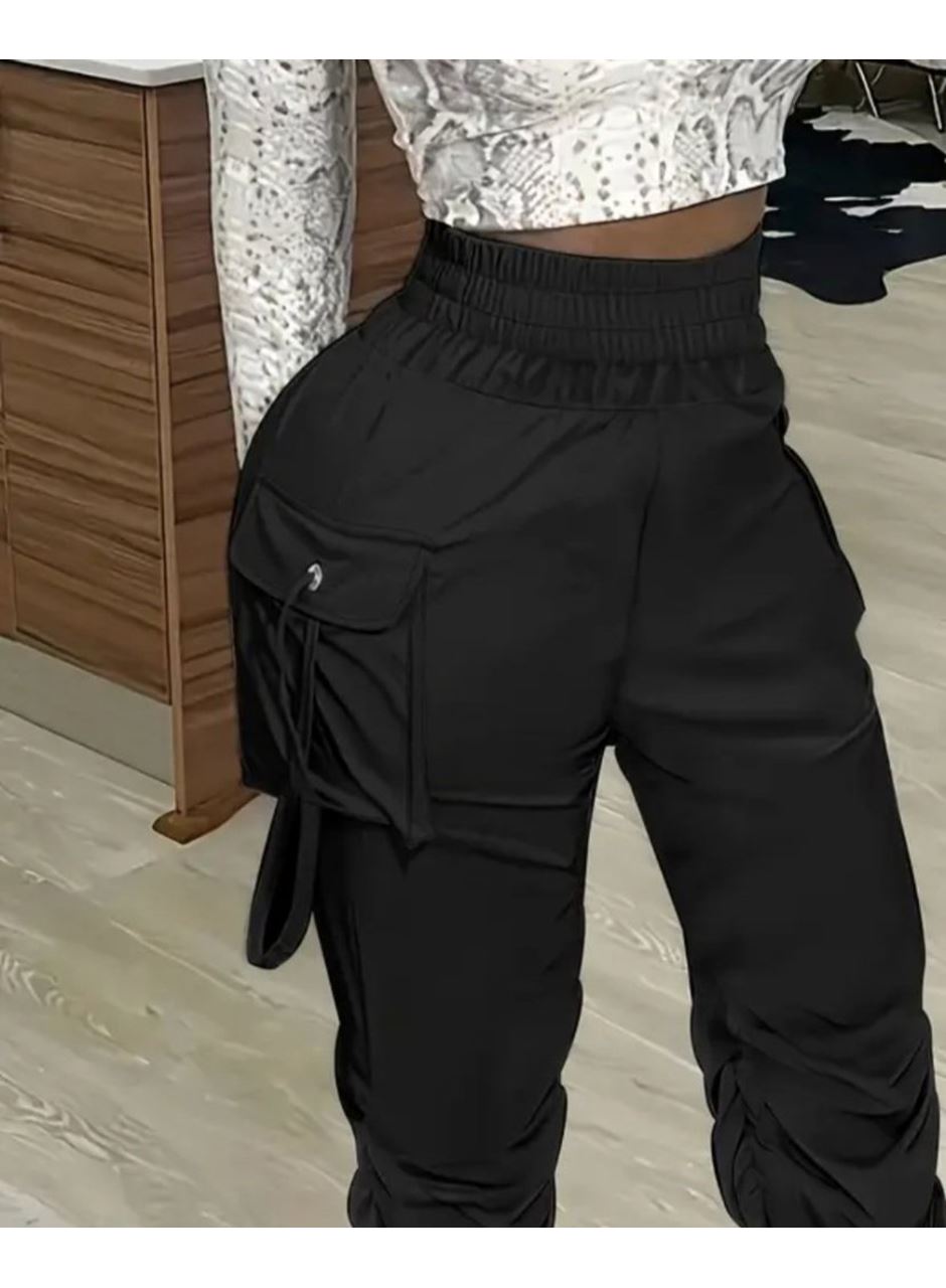 Kadın Yüksek Bel Beli Lastikli Kargo Cep Detaylı Gabardin Pantolon