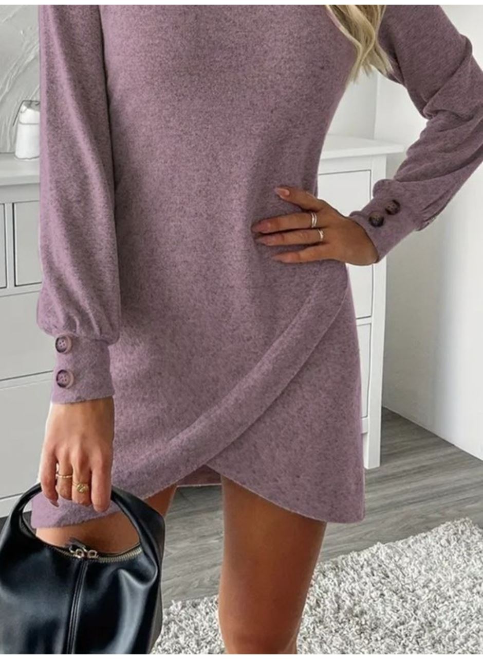 Kadın Uzun Kollu Bisiklet Yaka önden Asimetrik Kesim Detaylı Mini Yumoş Elbise