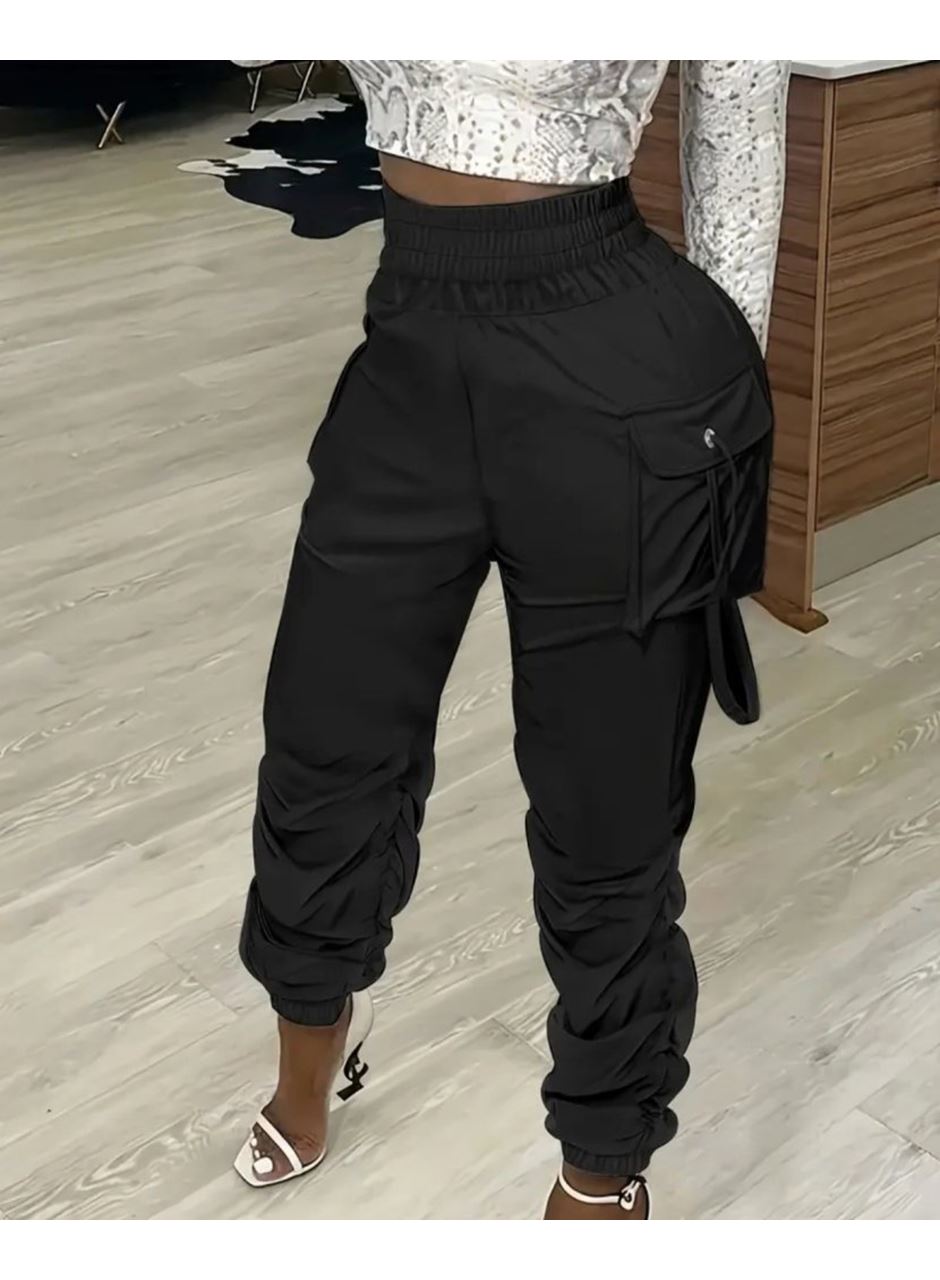 Kadın Yüksek Bel Beli Lastikli Kargo Cep Detaylı Gabardin Pantolon