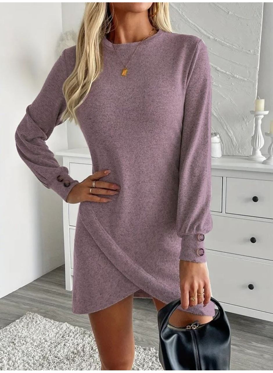 Kadın Uzun Kollu Bisiklet Yaka önden Asimetrik Kesim Detaylı Mini Yumoş Elbise