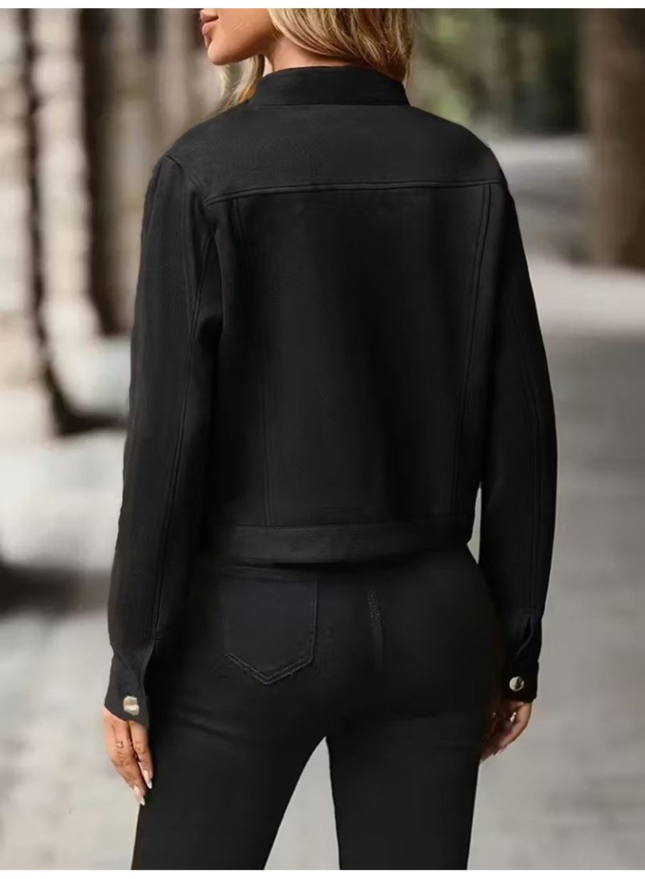 Kadın Uzun Kollu önden Düğmeli Kısa Süet Ceket