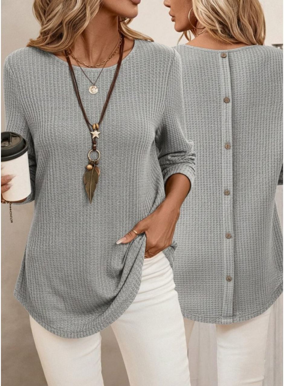 Kadın Uzun Kollu Yuvarlak Yaka Arkadan Düğmeli Waffle Bluz