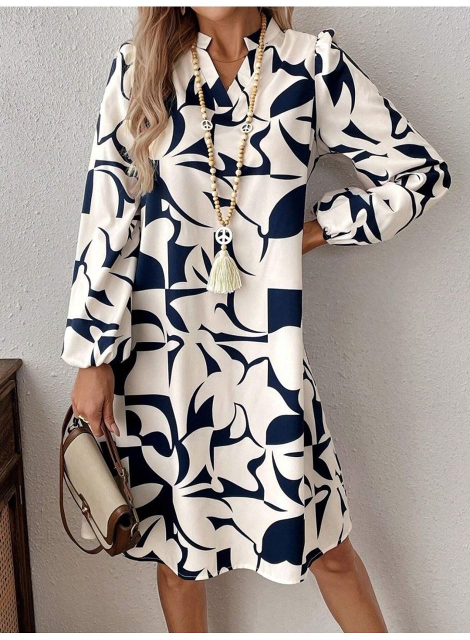 Kadın Uzun Kollu V Yakalı Desenli Modal Mini Elbise