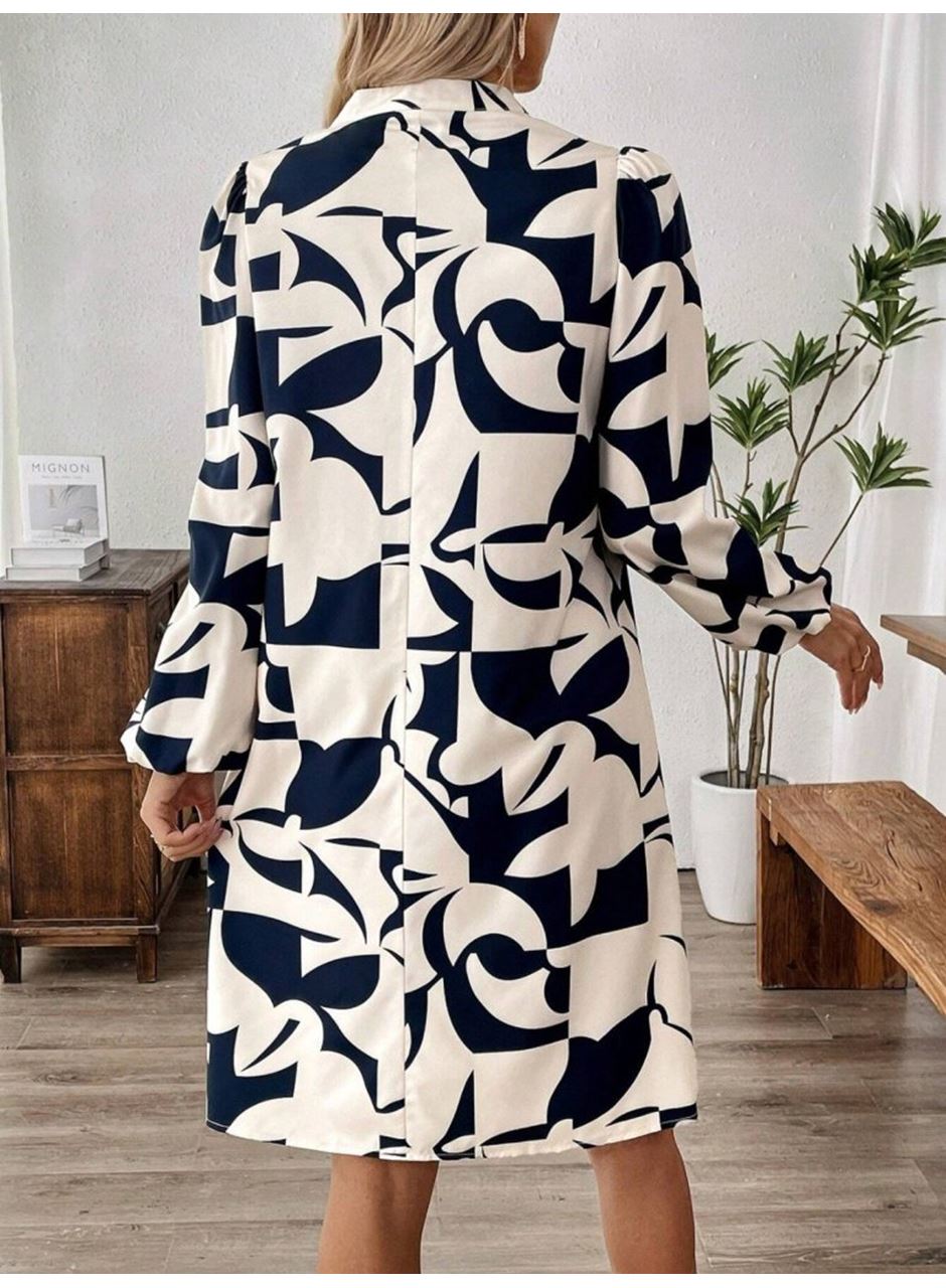 Kadın Uzun Kollu V Yakalı Desenli Modal Mini Elbise