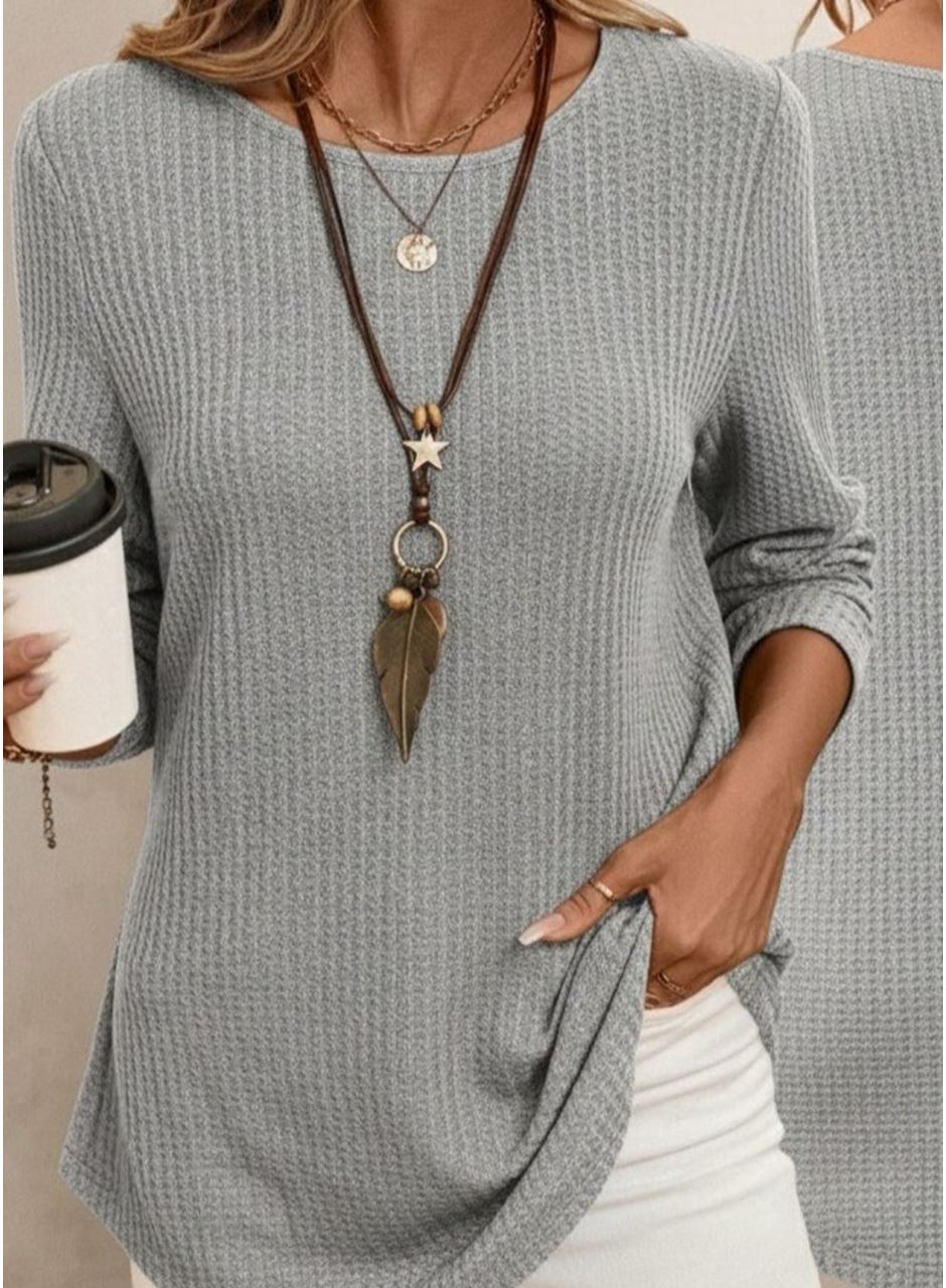 Kadın Uzun Kollu Yuvarlak Yaka Arkadan Düğmeli Waffle Bluz