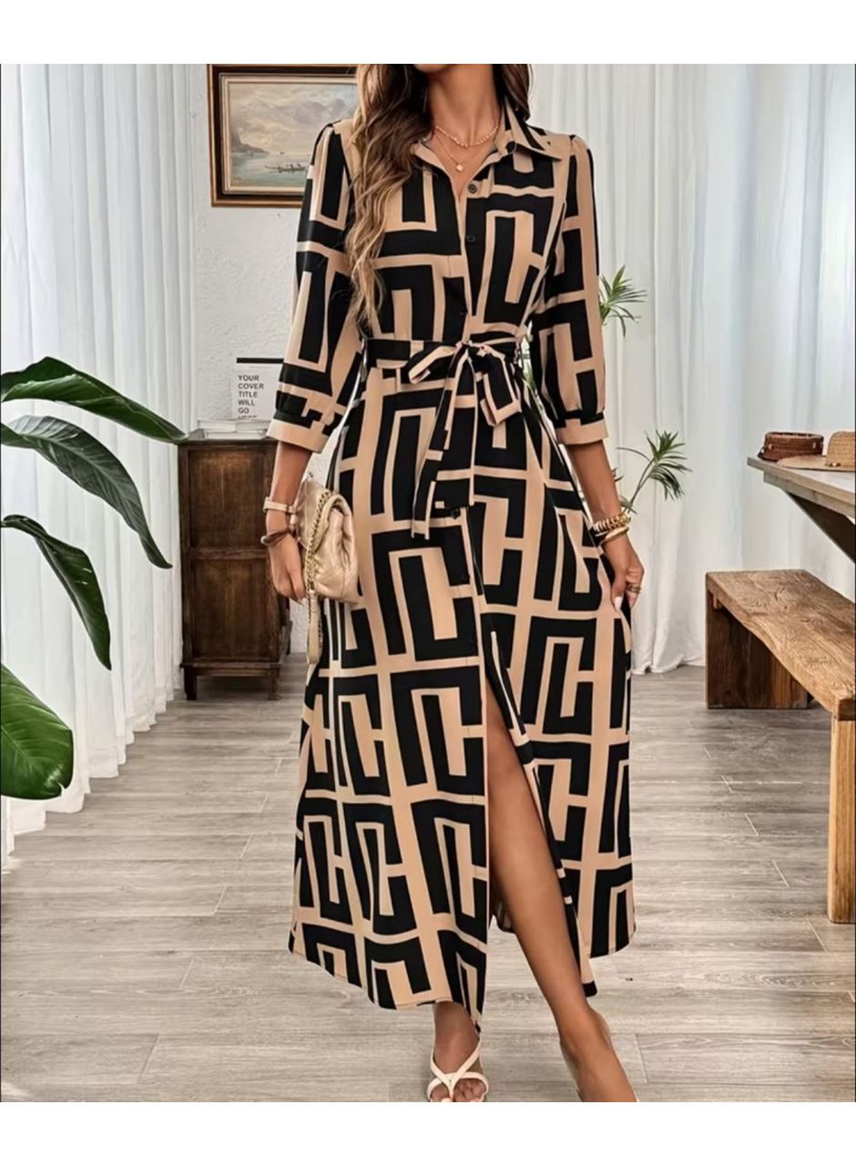 Kadın Uzun Kollu Yakalı önden Düğmeli Uzun Süprem Elbise