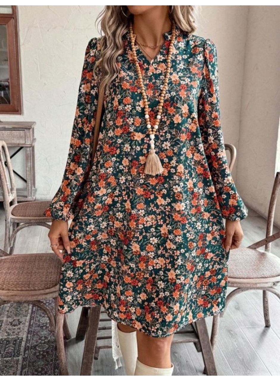 Kadın Uzun Kollu V Yakalı Desenli Modal Mini Elbise