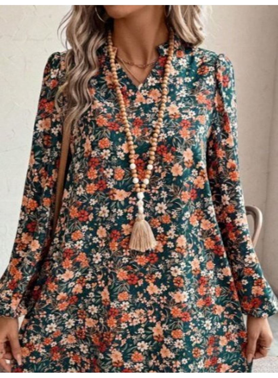 Kadın Uzun Kollu V Yakalı Desenli Modal Mini Elbise