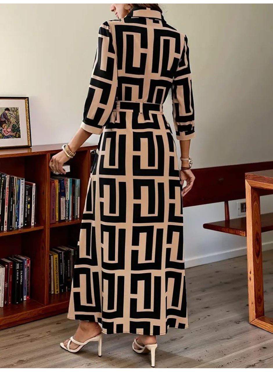 Kadın Uzun Kollu Yakalı önden Düğmeli Uzun Süprem Elbise