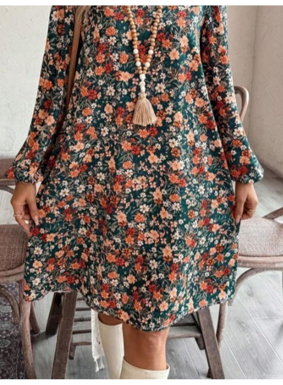 Kadın Uzun Kollu V Yakalı Desenli Modal Mini Elbise