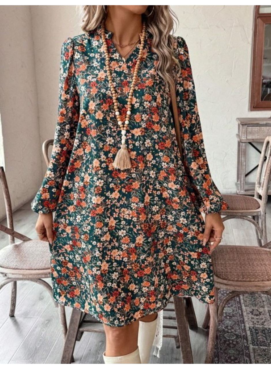 Kadın Uzun Kollu V Yakalı Desenli Modal Mini Elbise