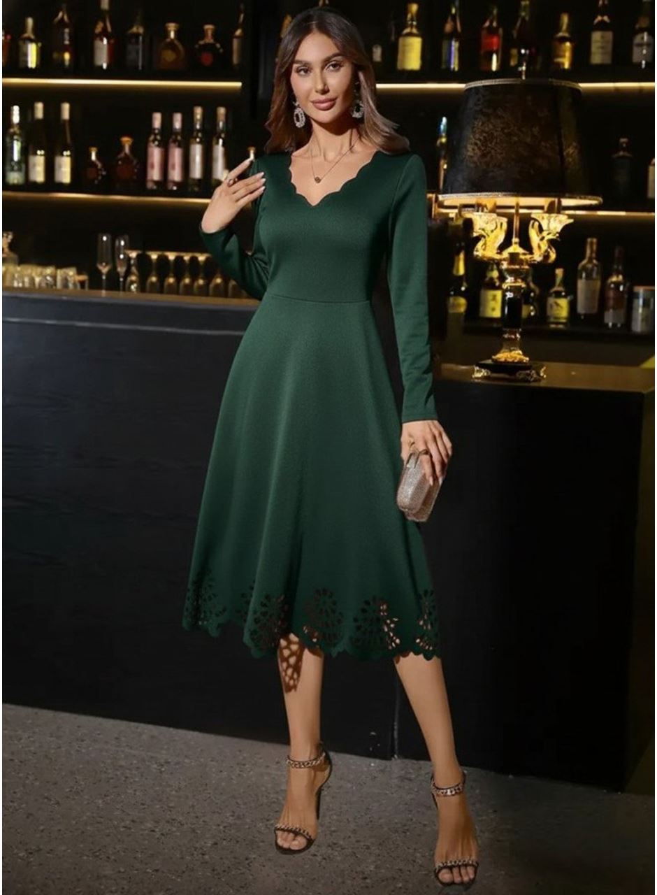 Kadın Uzun Kollu V Yakalı Lazer Kesim Detaylı Midi Ithal Krep Elbise