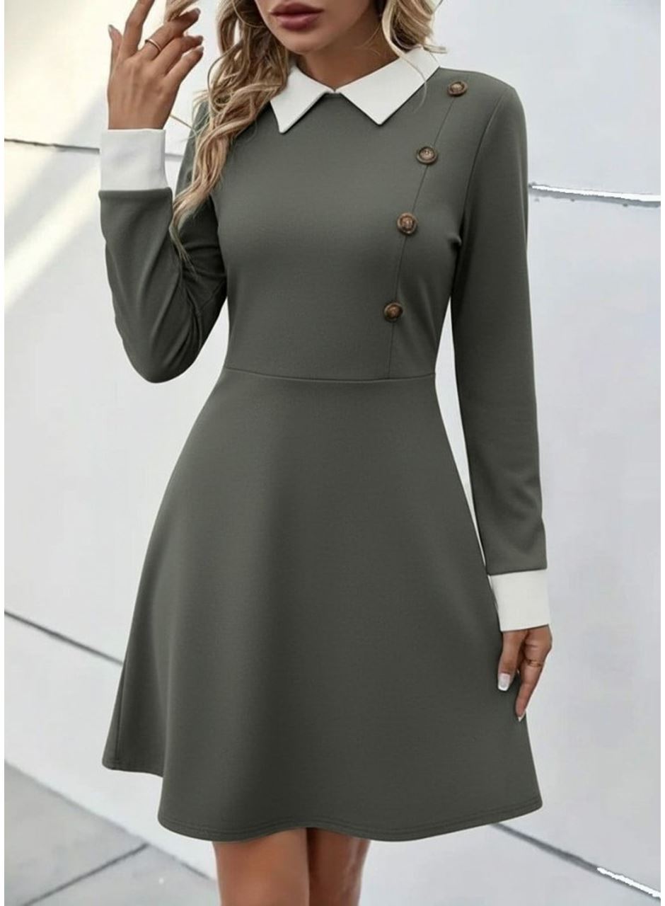 Kadın Uzun Kollu Yakalı Düğmeli çağla Yeşili Modal Mini Elbise