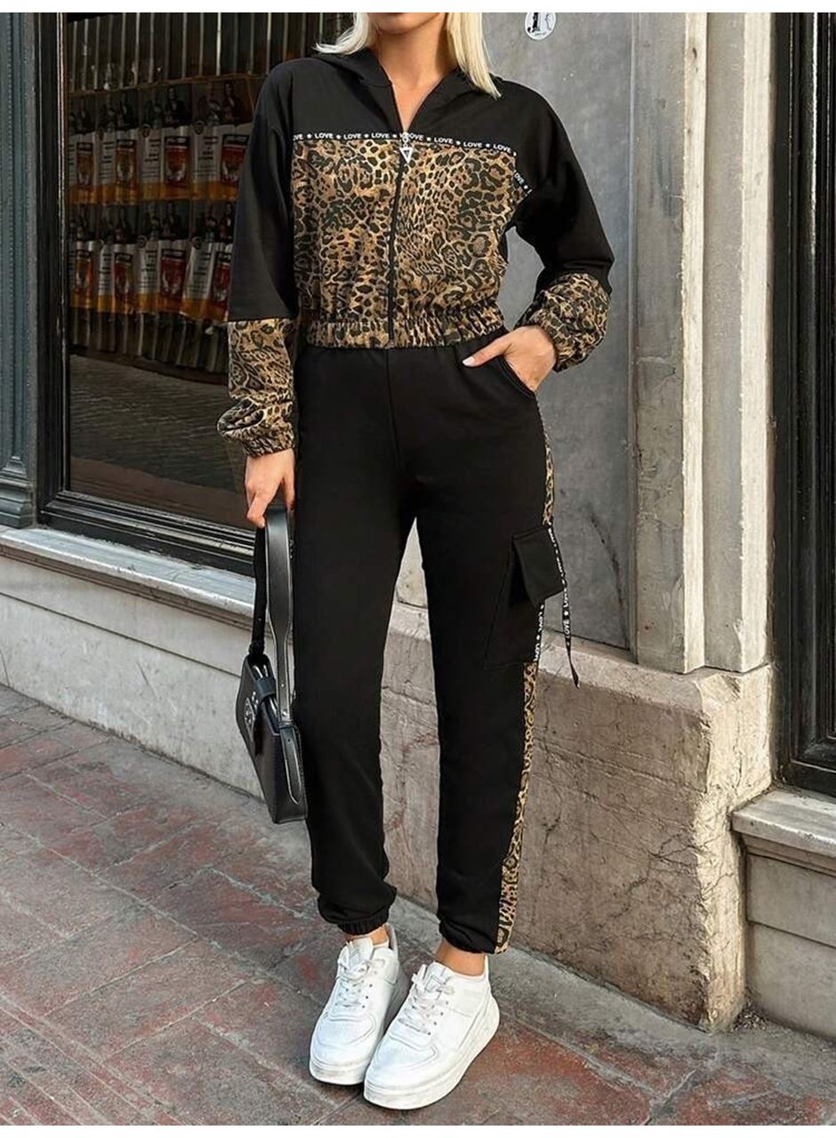 Kadın Uzun Kollu Kapşonlu Leopar Desenli Viskon Iki Iplik Bluz Ve Pantolon Ikili Takım