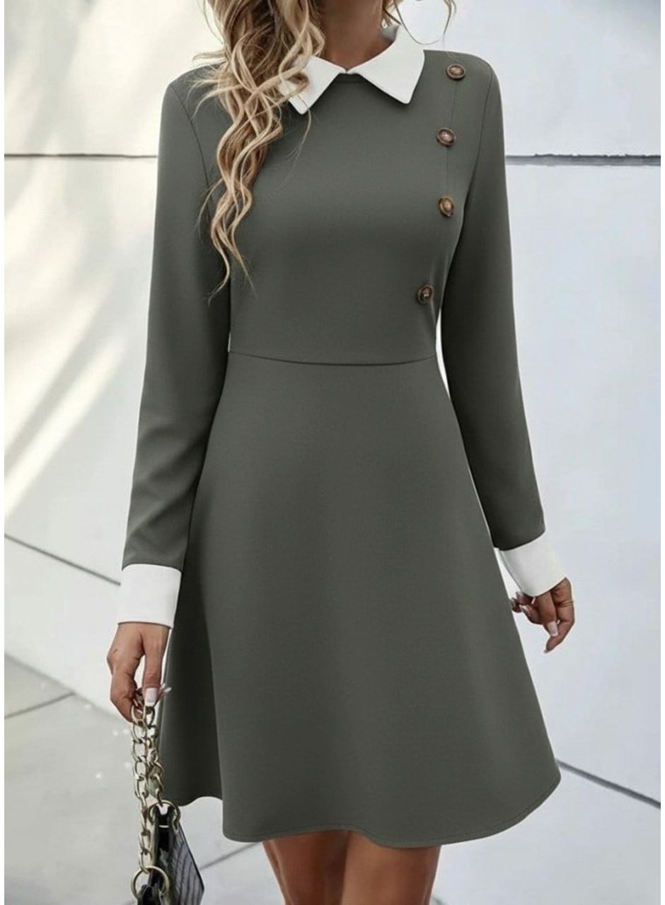Kadın Uzun Kollu Yakalı Düğmeli çağla Yeşili Modal Mini Elbise