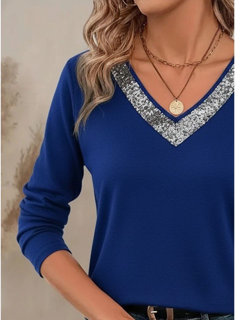 Kadın Uzun Kollu V Payet Yakalı Viskon Bluz