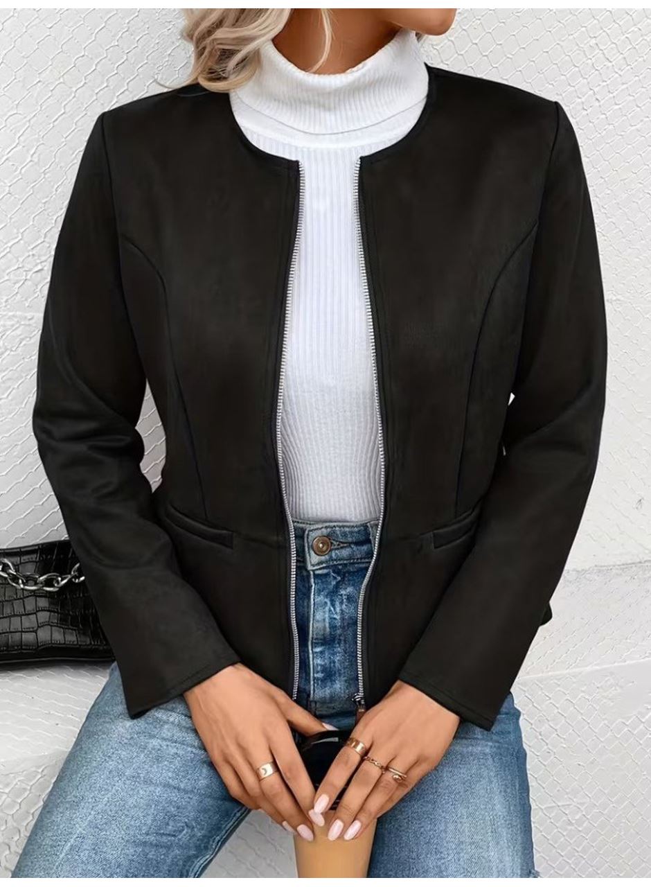 Kadın Uzun Kollu Yuvarlak Yaka önden Fermuarlı Süet Ceket