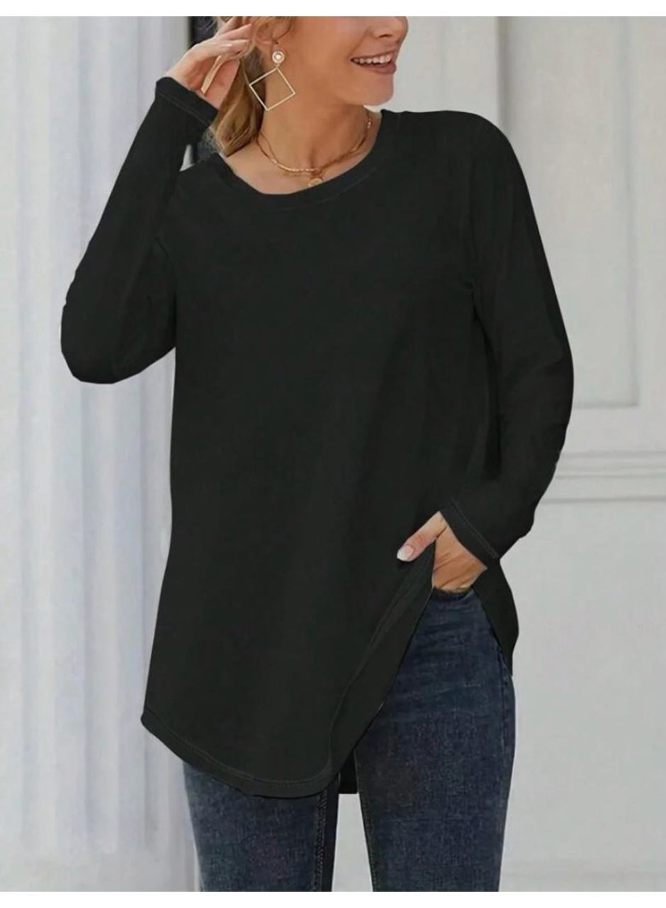 Kadın Uzun Kollu Yuvarlak Yaka Salaş Iki Iplik Bluz
