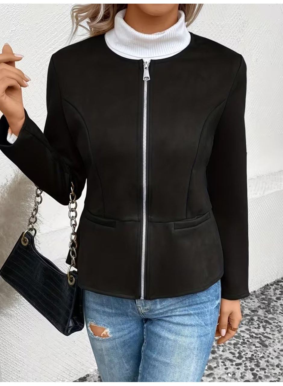 Kadın Uzun Kollu Yuvarlak Yaka önden Fermuarlı Süet Ceket