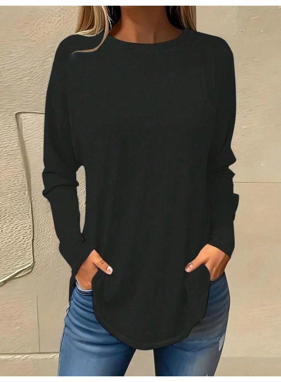 Kadın Uzun Kollu Yuvarlak Yaka Salaş Iki Iplik Bluz