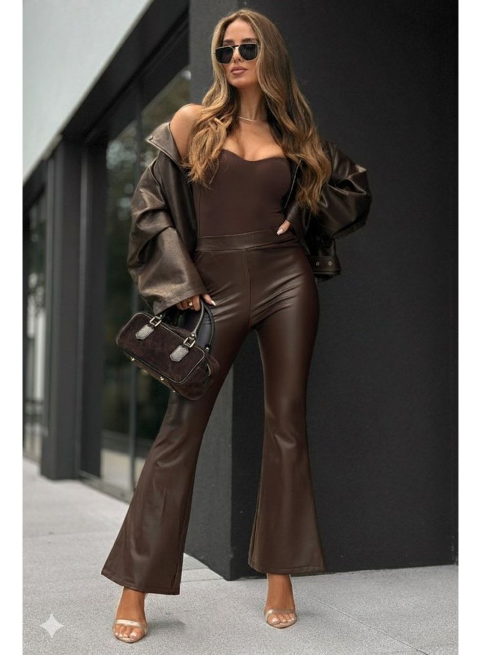 Kadın Yüksek Bel İspanyol Paçalı Deri Pantolon