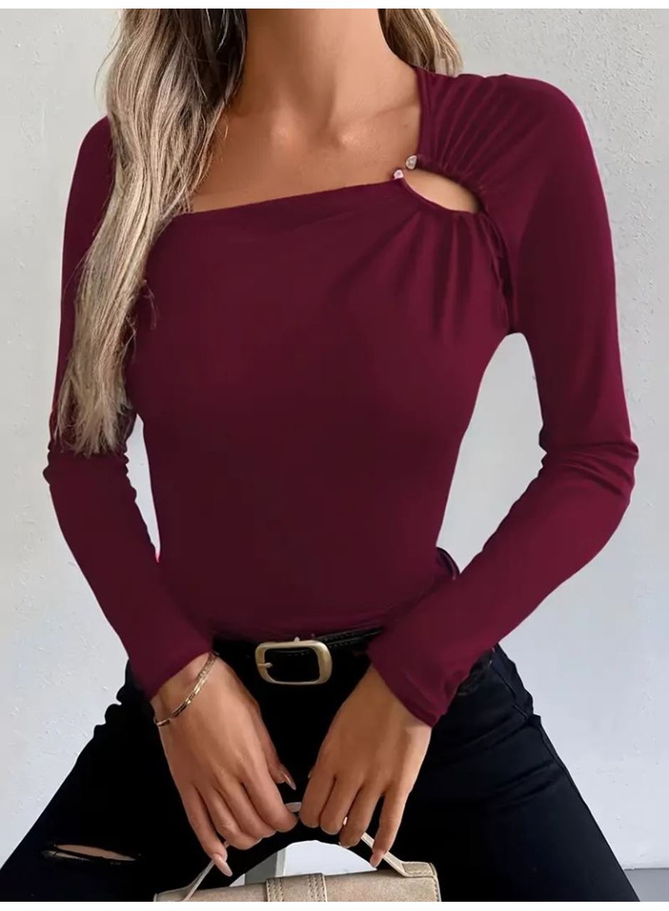 Kadın Uzun Kollu Yakadan Halka Detaylı Viskon Bluz