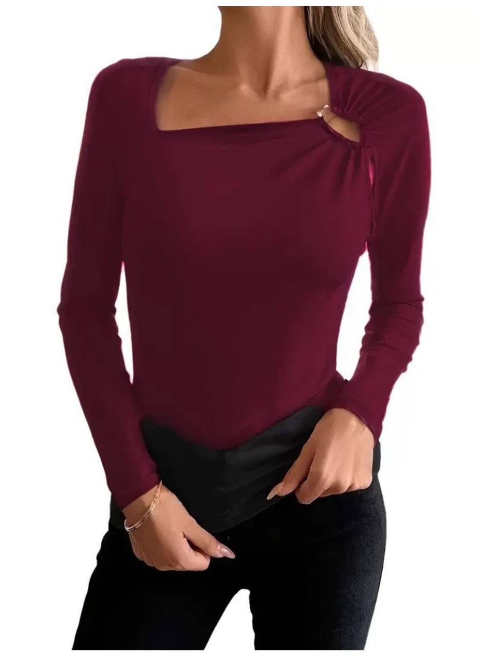 Kadın Uzun Kollu Yakadan Halka Detaylı Viskon Bluz