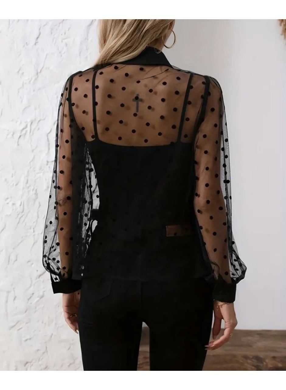 Kadın Uzun Kollu Yakalı şeffaf Tül Detaylı Ve Viskon Atlet Ikili Takım