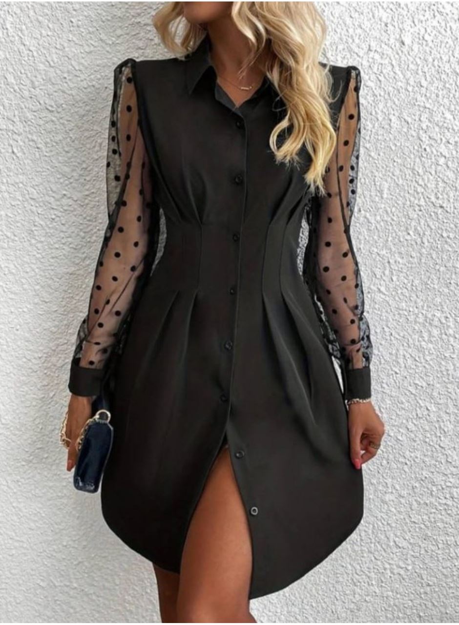 Kadın Uzun Kollu Yakalı Düğmeli Mini Ithal Krep Elbise